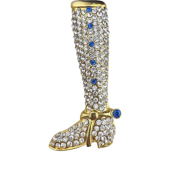 Gold-Toned Rhinestone Boot Brooch With Blue & Clear Crystal Accents Pinback Jewe - Picture 1 of 5